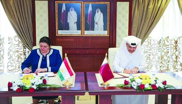 HE Yousef bin Mohamed al-Othman Fakhroo and Sumangul Taghoizoda signing the agreement.