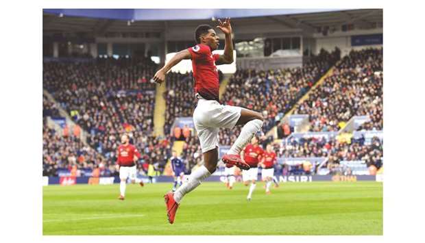 Manchester Unitedu2019s English striker Marcus Rashford celebrates after scoring against Leicester City at King Power Stadium in Leicester yesterday.