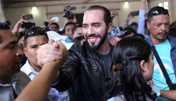Presidential candidate Nayib Bukele of the Great National Alliance (GANA) greets supporters