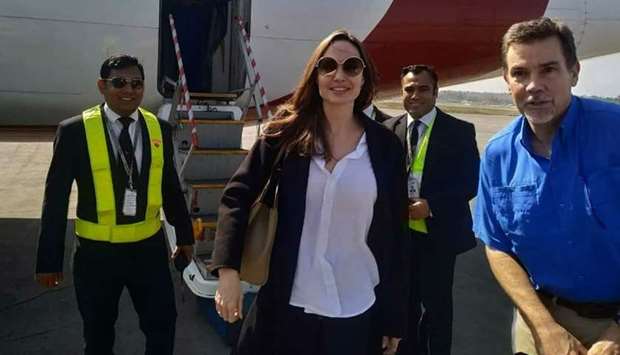 US actress and humanitarian Angelina Jolie, a special envoy for the United Nations High Commissioner for Refugees (UNHCR), arrives at the airport in Cox's Bazar in southern Bangladesh. AFP