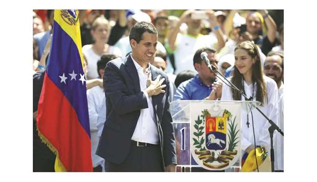 Venezuelan opposition leader and self-proclaimed interim president Juan Guaido takes part in an anti-government rally in Caracas on Saturday.