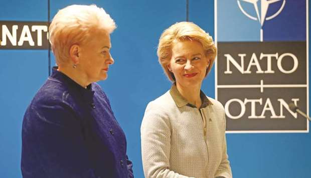 Von der Leyen with Grybauskaite at the news conference in Lithuaniau2019s Rukla military base.