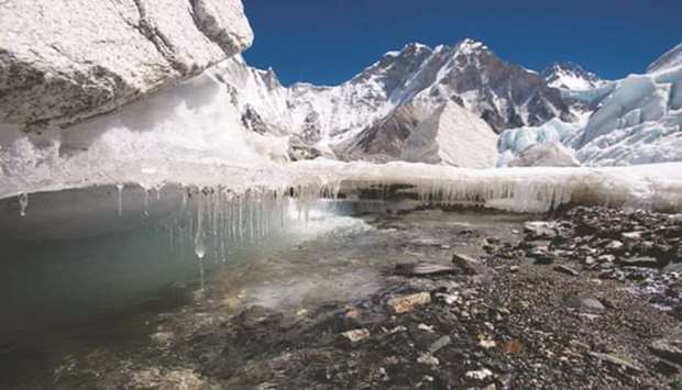 Melting ice on Khumbu glacier in the Everest-Khumbu region. Himalayan glaciers are a water source for 250mn people.