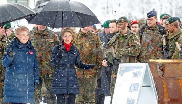 German Minister of Defence Ursula von der Leyen and Lithuanian President Dalia Grybauskaite visit German troops deployed as part of NATO enhanced Forward Presence (eFP) battle group in Rukla military base. Lithuania is hosting a German-led multinational battalion to deter any Russian invasion