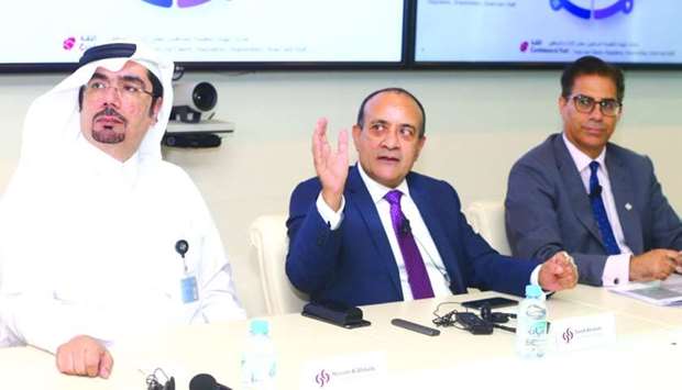 Abraham gestures while delivering a presentation during a media roundtable. Looking on are Khan and al-Abdulla. PICTURE: Jayan Orma