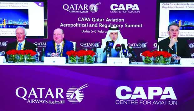 Qatar Airways group chief executive HE Akbar al-Baker, IATA director-general and CEO Alexandre de Juniac, Harbison and European Commission director general (Mobility and Transport) Henrik Hololei addressing a press conference on the sidelines of the 'CAPA Qatar Aviation, Aeropolitical and Regulatory Summit' at the Sheraton Doha. PICTURE: Ram Chand