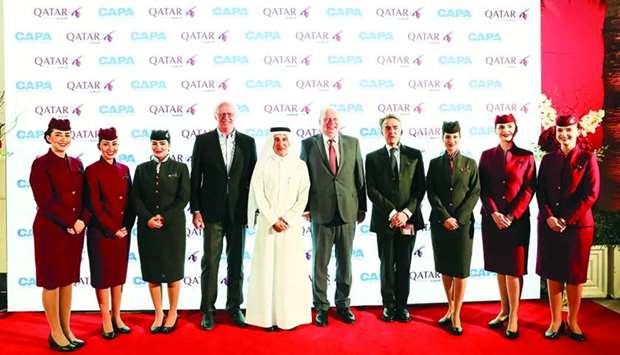 HE Akbar al-Baker, Alexandre De Juniac, Henrik Hololei and CAPA Centre for Aviation executive chairman Peter Harbison pose for a photo following the announcement on Qatar and European Union concluding negotiations for a landmark Comprehensive Air Transport Agreement.