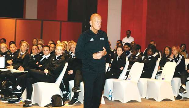 Chairman of FIFAu2019s Referees Committee Pierluigi Collina speaks during a seminar for the referees of the Womenu2019s World Cup 2019 in Doha.