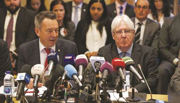 United Nations Special Envoy to Yemen Martin Griffiths and International Committee of the Red Cross President Peter Maurer speak to the media during a new round of talks by Yemenu2019s warring parties on a prisoners swap deal, in Amman, yesterday.