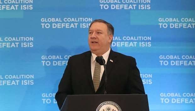 US Secretary of State Mike Pompeo makes opening remarks during a plenary session with Foreign Ministers of the Global Coalition to Defeat ISIS, at the State Department