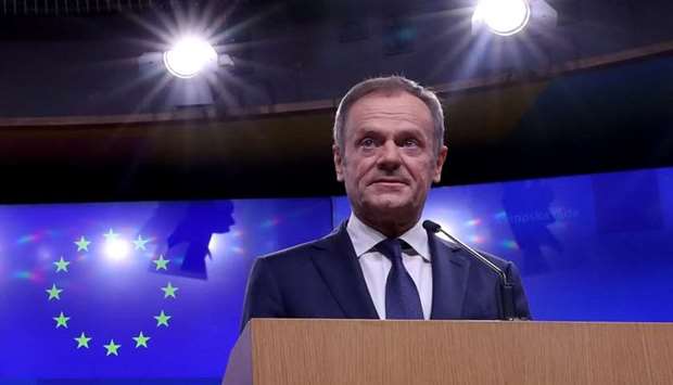 EU Council President Donald Tusk gives a statement after a meeting with Irish Prime Minister Leo Varadkar at the European Council headquarters in Brussels, Belgium