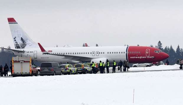 A Norwegian Air Shuttle plane on the tarmac at Arlanda Airport in Stockholm, where it returned safely after receiving a bomb threat shortly after take-off
