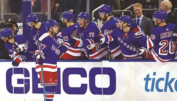 New York Rangers defenseman Tony DeAngelo celebrates scoring a goal during a shootout against the Boston Bruins at Madison Square Garden. PICTURE: USA TODAY Sports