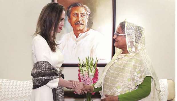 US actress, filmmaker and humanitarian Angelina Jolie, a special envoy for the United Nations High Commissioner for Refugees (UNHCR), meets Bangladesh Prime Minister Sheikh Hasina following her visit in Dhaka. Angelina Jolie said that Myanmar must u201cshow genuine commitmentu201d to end violence that has driven hundreds of thousands of Rohingya Muslims into neighbouring Bangladesh.