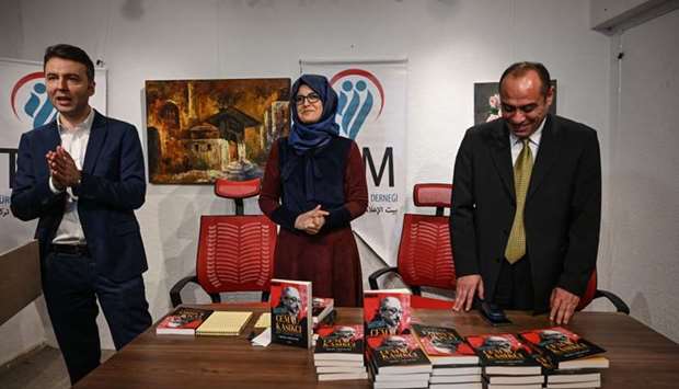 Hatice Cengiz (C), partner of late Jamal Khashoggi, attends the presentation of her book dedicated to the murder of the Saudi journalist, in Istanbul