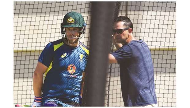 In this December 13, 2018, picture, former Australia captain Ricky Ponting (right) talks to Australian batsman Aaron Finch during a training session in Perth ahead of the second Test against India. (AFP)