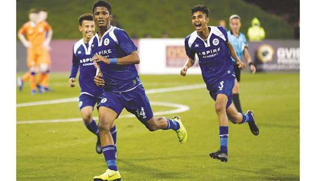 Aspire Academy players celebrate after scoring against Glasgow Rangers at the under-17 Al Kass Cup. PICTURE: Jayaram