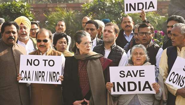 Congress party president Sonia Gandhi joins other leaders to protest against the new citizenship law at the parliament house in New Delhi yesterday.
