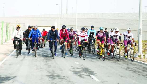 HE the Prime Minister and Minister of Interior Sheikh Khalid bin Khalifa bin Abdulaziz al-Thani  and other dignitaries holding a ride on the newly opened Olympic cycle track on Al Khor Road.