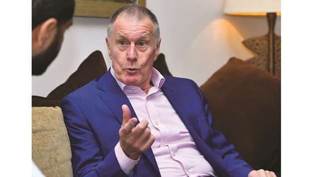 Sir Geoff Hurst speaks during an exclusive interview with Gulf Times during his visit to Qatar. PICTURE: Ram Chand