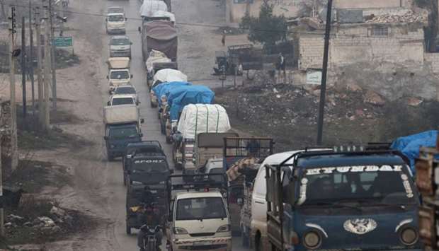 A view of the trucks carrying belongings of displaced Syrians, in northern Idlib, Syria January 30