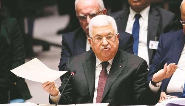 Palestinian President Mahmoud Abbas speaks to the UN Security Council at the United Nations headquarters in New York, yesterday.
