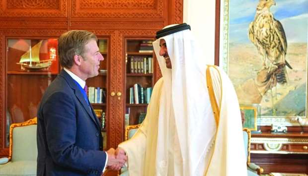 His Highness the Amir Sheikh Tamim bin Hamad Al-Thani meets with William Russell, the Lord Mayor of the City of London