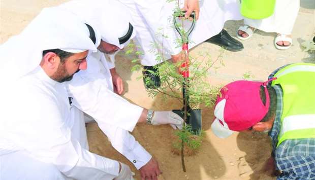 The tree-planting event at the Qatar Post headquarters.rnrn