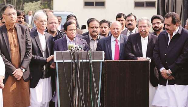 THE NEW NORMAL: PML-Q leader Chaudhry Pervaiz Elahi speaks to the media after successful talks with the ruling PTI in Lahore.
