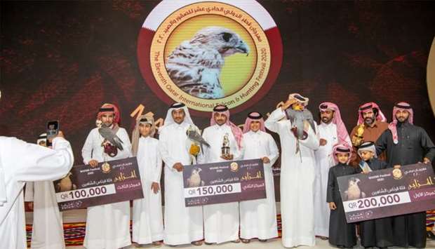 His Highness Sheikh Jassim bin Hamad al-Thani, the Personal Representative of His Highness the Amir, on Saturday attended the award ceremony of the Al Mazayen competition for falcons on conclusion of the 11th Qatar International Falcon and Hunting Festival 2020 - Marmi.The ceremony was attended by a number of their excellencies, sheikhs and ministers, heads of diplomatic missions accredited to the State, the board of directors of Al Gannas association and a large number of falconers from Qatar and from the Gulf Co-operation Council countries and guests of the festival.Pictured are some of the winners of the competition. The festival ran from January 1 until February 1.