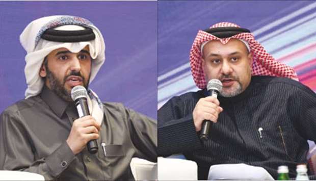 QDB CEO Abdulaziz bin Nasser al-Khalifa (left) and QFC CEO Yousuf Mohamed al-Jaida speaking at the u2018Qatar-UK Financial Services Eventu2019 held in Doha yesterday. PICTURES: Nasar K Moidheen