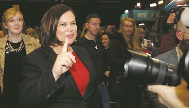 Sinn Fein leader Mary Lou McDonald reacts after the announcement of voting results in a count centre, during Irelandu2019s national election, in Dublin, Ireland, on February 9.