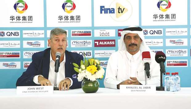 Qatar Swimming Association President Khaleel al-Jabir (right) and FINA Technical Delegate John West address a press conference at Katara yesterday. PICTURES: Jayaram