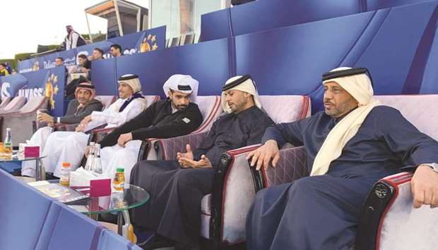 SC Secretary-General Hassan al-Thawadi (centre), Aspetar Director General and CEO of Aspire Zone Foundation Mohamed Khalifa al-Suwaidi (second right), Al Kass General Manager Essa bin Abdulla al-Hitmi (right), CEO of QNB Stars League Hani Ballan (left) and Secretary-General of Qatar Olympic Committee Jassim bin Rashid al-Buainain during the opening day of the Al Kass International Cup yesterday.