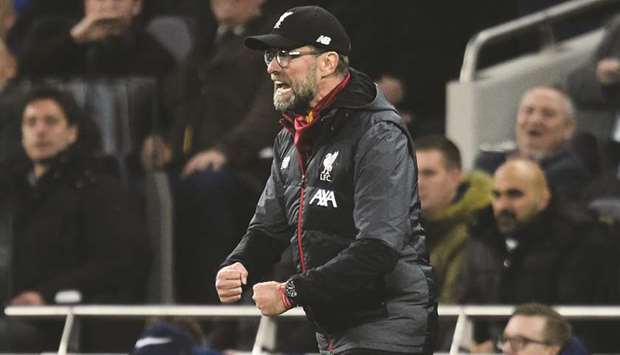 In this January 11, 2020, picture, Liverpool manager Jurgen Klopp gestures from the touchline during the English Premier League match against Tottenham Hotspur in London, United Kingdom. (AFP)
