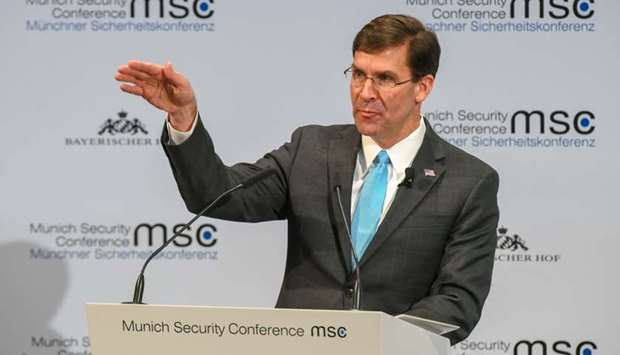US Secretary for Defence Mark Esper adresses the audience on the podium during the 56th Munich Security Conference (MSC) in Munich, southern Germany