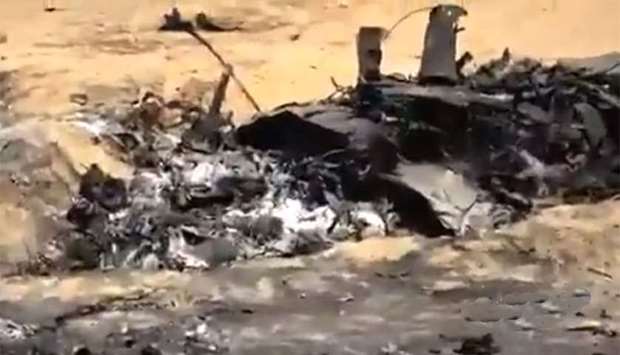 An image grab from a video posted on social media that purportedly shows the debris of  the Tornado warplane downed by the Houthis.