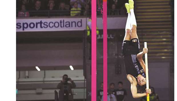 Swedenu2019s Armand Duplantis competes to clear 6m to win the menu2019s pole vault final at the Mu00fcller Indoor Grand Prix Glasgow 2020 athletics in Glasgow yesterday.