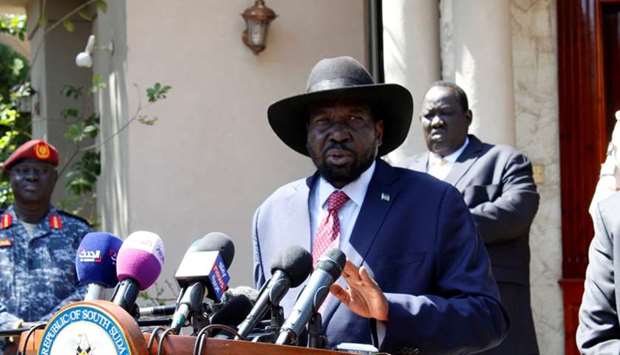 South Sudan's President Salva Kiir Mayardit speaks during a news statement with Riek Machar, former vice president and rebel leader (not pictured) after their meeting in which they have reached a deal to form a long-delayed unity government in Juba, South Sudan December 17, 2019