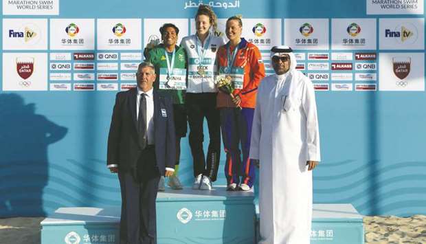 Leonie Beck (centre) of Germany won the womenu2019s race ahead of Ana Marcela Cunha (second from left) of Brazil and Sharon Van Rouwendaal (second from right) of the Netherlands in the FINA /CNSG Marathon Swim World Series Doha 2020 at Katara Beach yesterday.