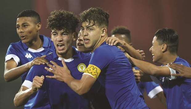 Mohammed VI Academy skipper Omar Sadik (centre) celebrates with his teammates after scoring a goal against Altinordu at the Al Kass International Cup. PICTURE: Jayaram