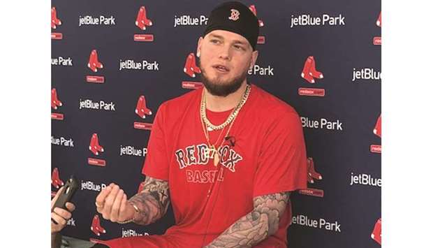Alex Verdugo speaks to the media at spring training about being traded to the Boston Red Sox on Saturday. (TNS)