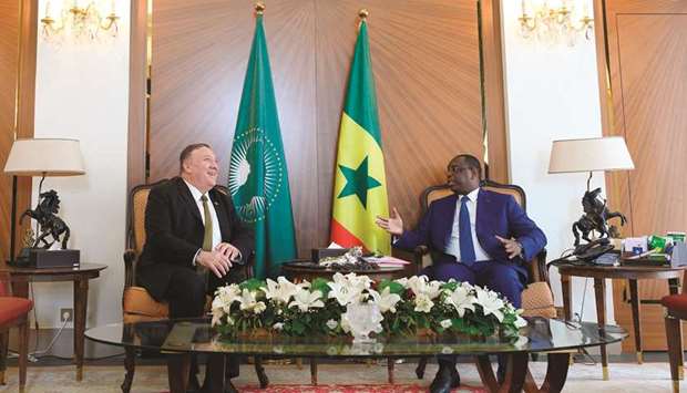 US Secretary of State Mike Pompeo meets with Senegalese President Macky Sall at the presidential palace in Dakar, yesterday, as part of his first visit to sub-Saharan Africa.