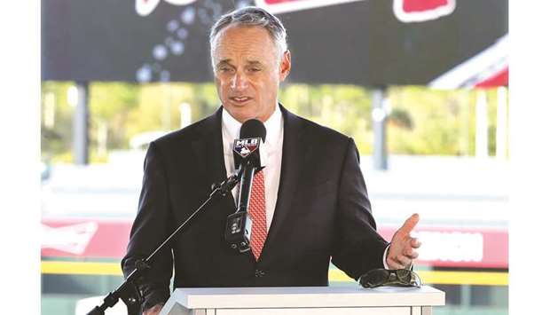 MLB Commissioner Rob Manfred speaks during his press conference at the Atlanta Braves CoolToday Park in North Port, Florida, on Sunday. (TNS)