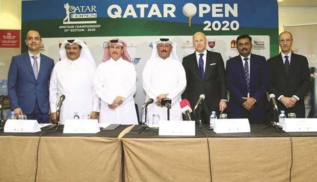 Qatar Golf Association (QGA) general secretary Fahad al-Naimi (centre) and QGA event manager Mohamed Faisal al-Naimi (third from left) pose with other officials during a press conference at the Doha Golf Club yesterday. PICTURE: Jayaram