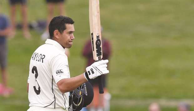 In this file photo taken on December 3, 2019, Ross Taylor celebrates his century during the second Test against England in Hamilton. (Reuters)