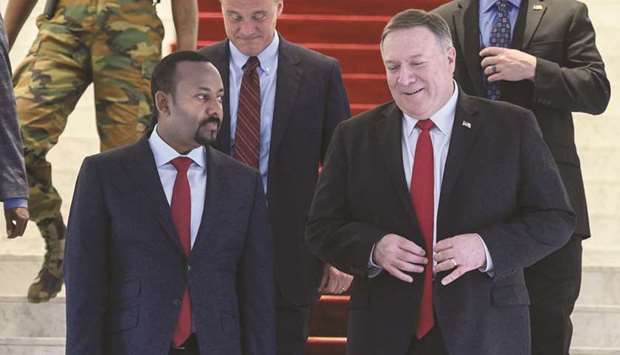 US Secretary of State Mike Pompeo walks with Ethiopian Prime Minister Abiy Ahmed at the prime ministeru2019s office after a meeting in Addis Ababa, yesterday.