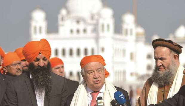 Guterres speaks to the media during his visit to the Sikh Shrine of Baba Guru Nanak Dev at Gurdwara Darbar Sahib in Kartarpur.