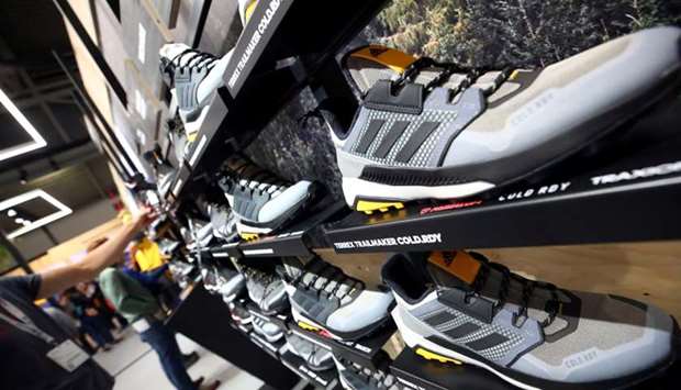 Trail running shoes are seen at the booth of Adidas during the ISPO trade fair for sports equipment and fashion in Munich, Germany, January 26, 2020.