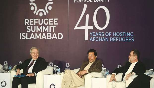 STORY OF COMPASSION: UN Secretary-General Ant?nio Guterres, left; Prime Minister Imran Khan, centre; and Afghan second vice president Sarwar Danish at the conference on Afghan refugees, in Islamabad early this week. He hailed Pakistanu2019s solidarity and compassion against all odds. (AFP)